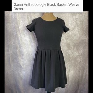 Anthropologie Ganni Black Basket Weave Embossed Fit & Flare Dress Size Medium